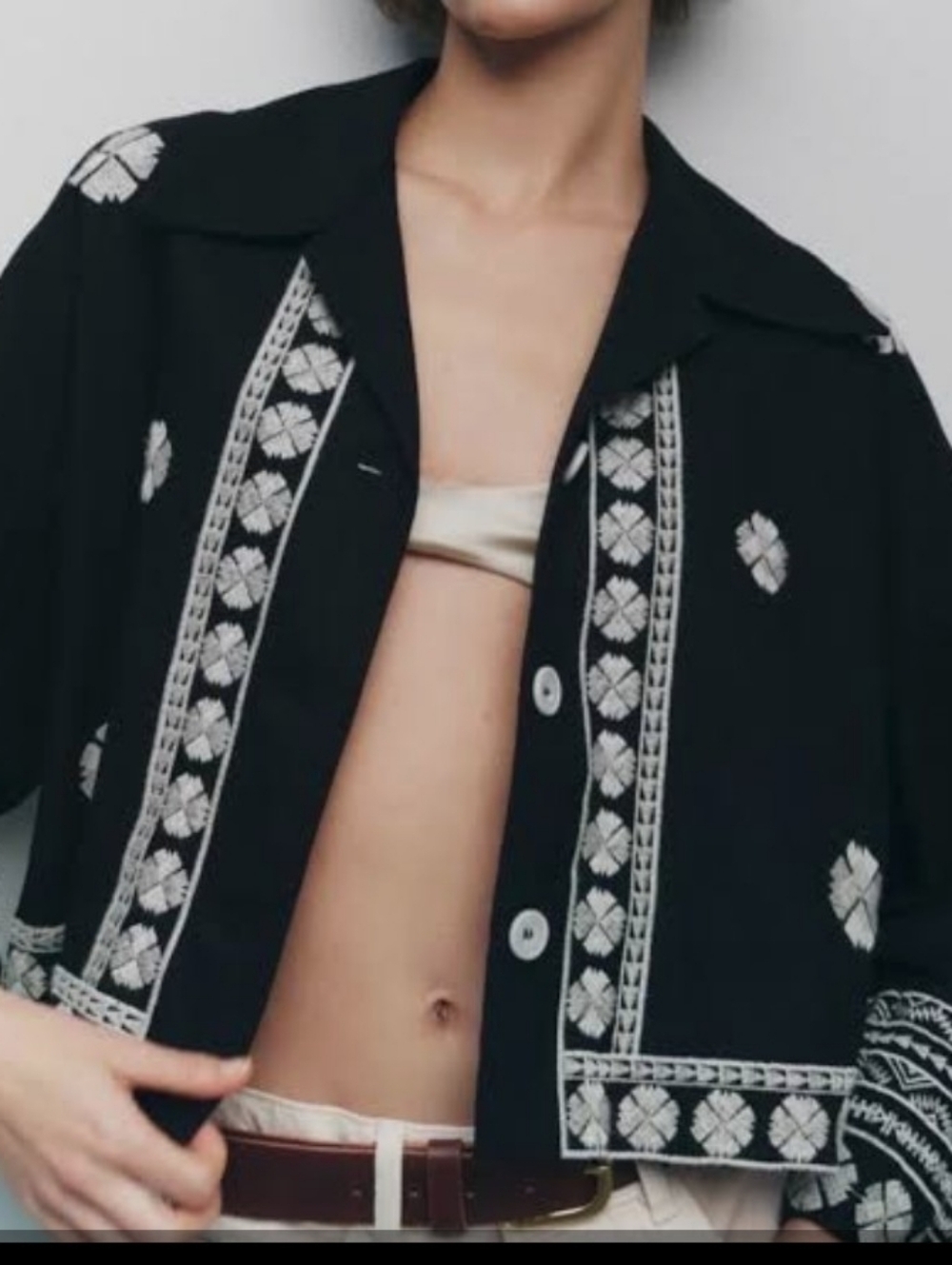Zara Geometric Embroidered Linen Blend Button-Front Cropped Jacket In Black - M
